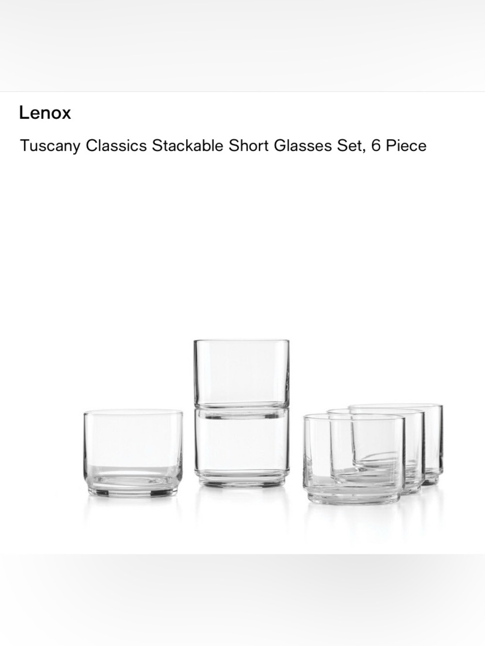 🤍NWT Lenox Clear Tuscany Classics Stackable Short Crystal Glasses Set of 6